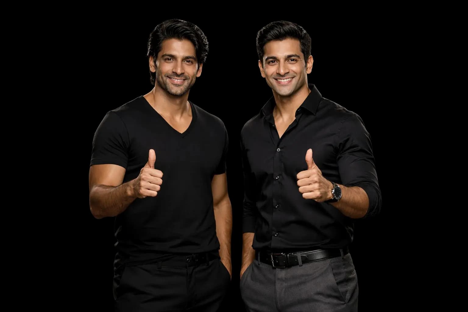 Model 1 and Model 2 standing back to back, smiling confidently